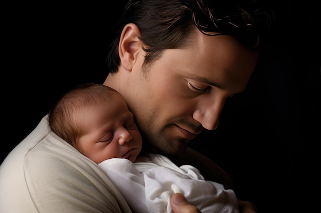 Nesta fotografia brilhante e realista, um jovem pai acona seu bebê recém-nascido em seus braços