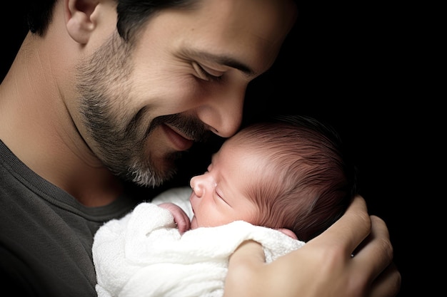 Nesta fotografia brilhante e realista, um jovem pai acona seu bebê recém-nascido em seus braços