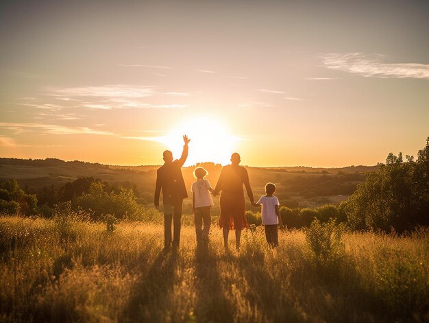 Nesta fotografia vemos uma família feliz comemorando o Dia dos Pais na natureza ao nascer do sol O sol está