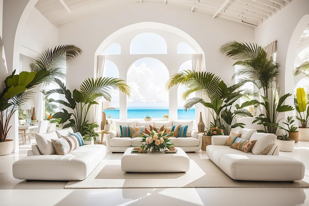 Nesta grande sala branca há sofás espaçosos, cadeiras brancas e decorações tropicais