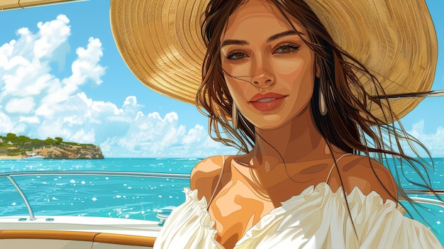 Nesta ilustração digital, uma menina vestindo um grande chapéu de moda é vista sentada em um iate no verão enquanto está de férias