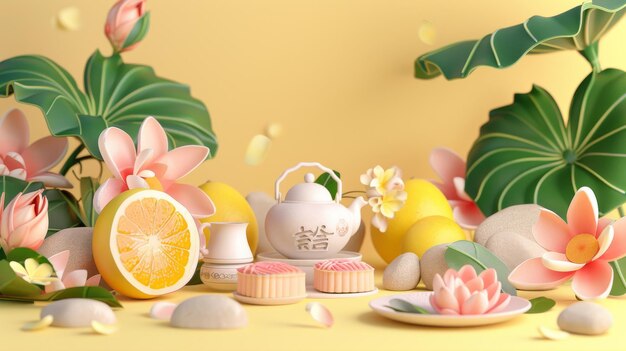 Nesta ilustração uma flor de lótus e folhas são representadas, bem como um pomelo um conjunto de chá chinês osmanthus pedras mooncakes e flores e folhas de uma árvore de lótus