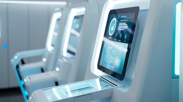 Foto nesta imagem vemos um quiosque de check-in futurista equipado com uma interface de alta tecnologia com a qual os passageiros podem