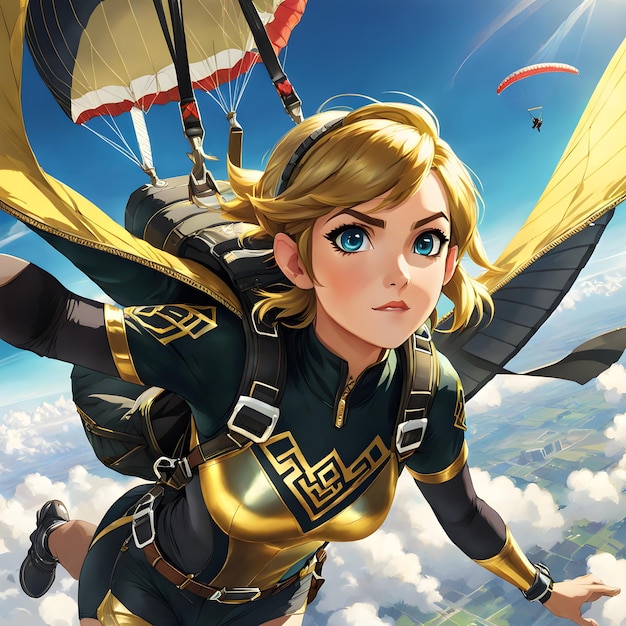 Foto nesta impressionante obra de arte de link paraquedismo com um parapente ele está vestindo um elegante preto e dourado tu