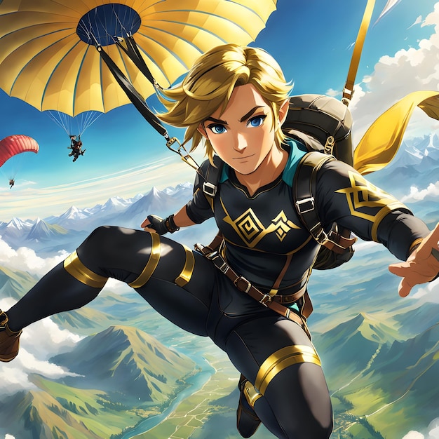 Nesta impressionante obra de arte de link paraquedismo com um parapente ele está vestindo um elegante preto e dourado tu