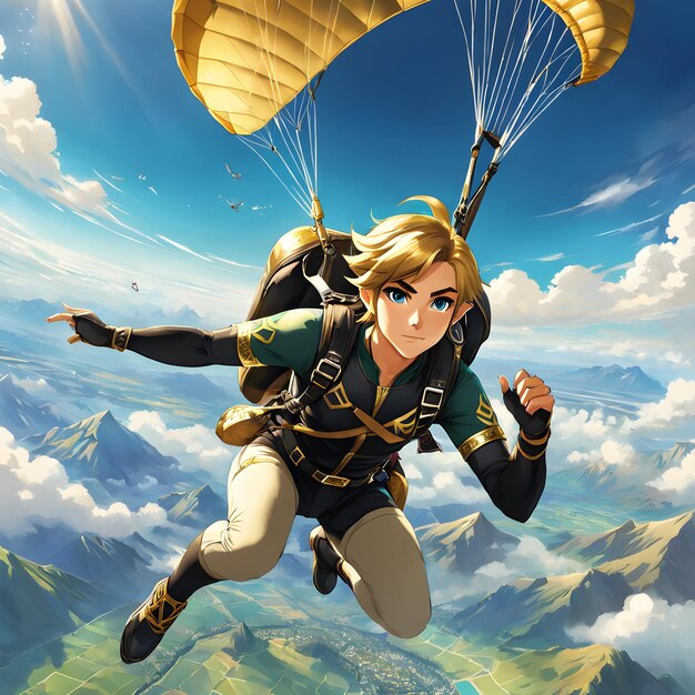 Nesta impressionante obra de arte, link, de breath of the wild, é retratado saltando de pára-quedas com uma roupa de parapente.