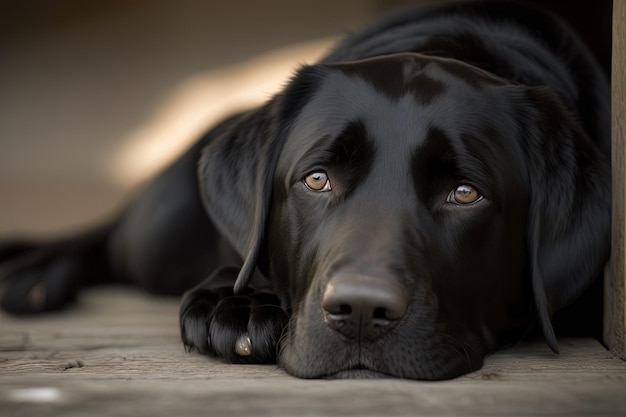 Neste close-up, um labrador retriever preto juvenil está adormecendo no chão.