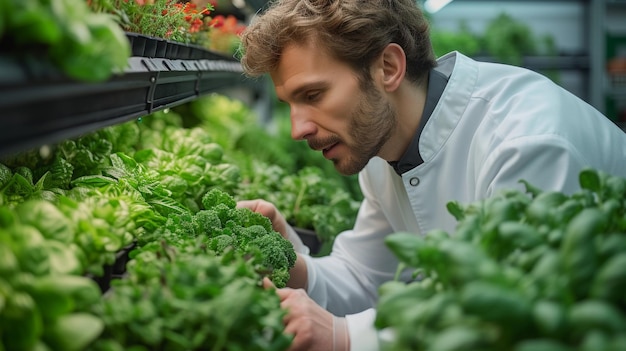 Neste infográfico, um bioengenheiro masculino examina culturas em uma moderna fazenda vertical. Ele cultiva alimentos ou plantas orgânicas em uma estufa de alta tecnologia enquanto usa seu tablet para analisar os dados.