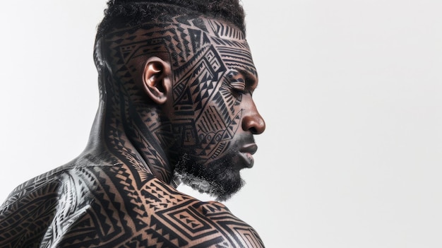 Neste retrato, destaca-se um homem com intrincadas tatuagens geométricas adornando seu rosto e corpo