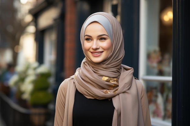Neste retrato em close, uma mulher asiática usando um hijab exala confiança e orgulho cultural, fazendo uma declaração poderosa sobre sua identidade