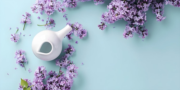 Neti Pot con flores de lila Copia espacio para la higiene nasal y el alivio de las alergias de primavera Concepto Neti Pot Higiene nasal Alivio de las alergías de primavera Flores de lila Salud y bienestar