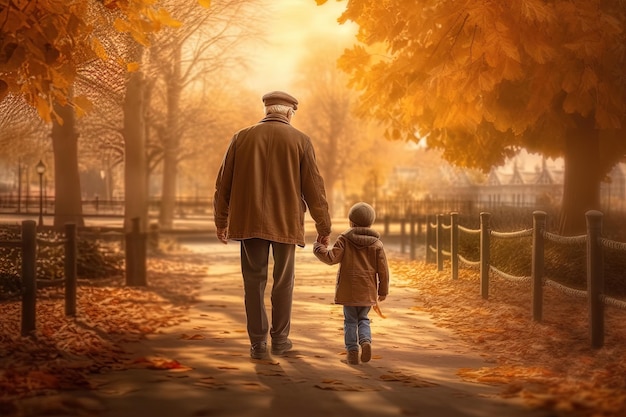 Neto e avô andando de mãos dadas em uma praça no outono Generative AI