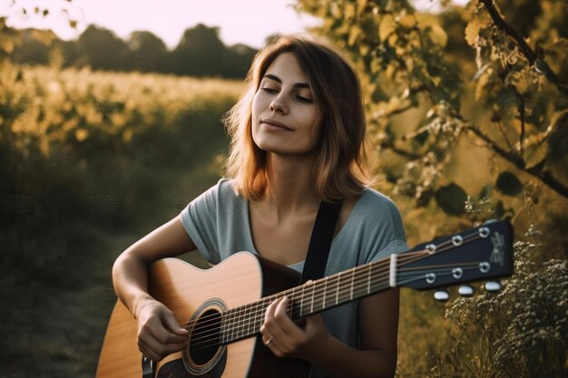 Nette Frau mit Gitarre in der Landschaft