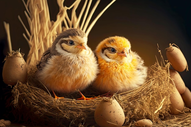 Foto nette freche küken, die auf heu im nest sitzen