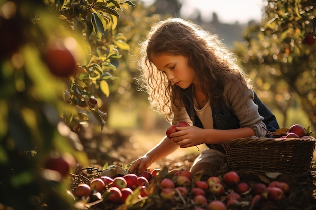Nette junge Frau pflückt Früchte auf dem Herbstbauernhof