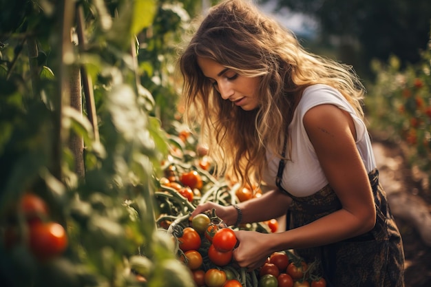 Nette junge Frau pflückt Tomaten im Herbstbauernhof