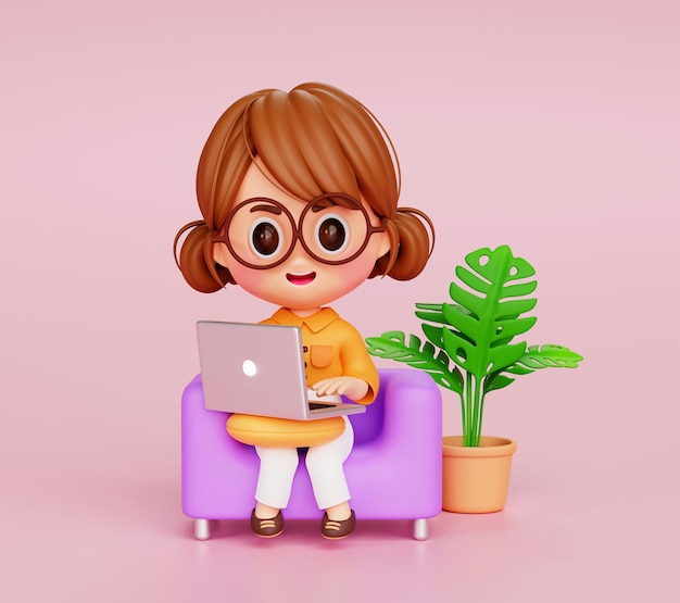 Nette junge Geschäftsfrau, die mit Laptop arbeitet 3D-Illustration Zeichentrickfigur