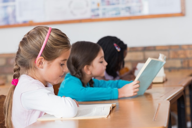 Nette Schüler, die Bücher an ihren Schreibtischen lesen