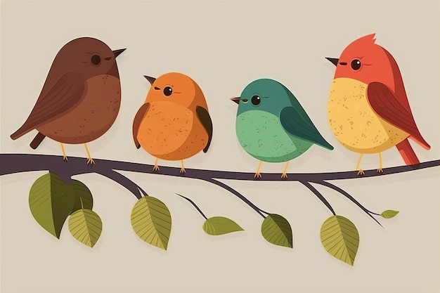 Nette und kindliche Illustration von vier kleinen Vögeln, die auf einem Zweig sitzen, der einfach von Ai erzeugt wurde