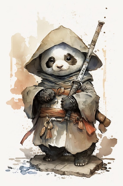 Netter entzückender Babypanda-Samurai, der Kameraaquarell betrachtet
