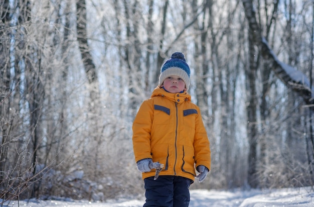 Netter europäischer Junge auf einem Spaziergang an einem sonnigen Wintertag