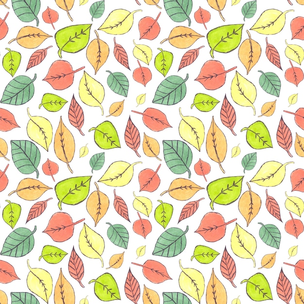 Netter Herbst mehrfarbige Aquarell-Doodle-Blätter auf weißem Hintergrund geometrisches nahtloses Muster 02