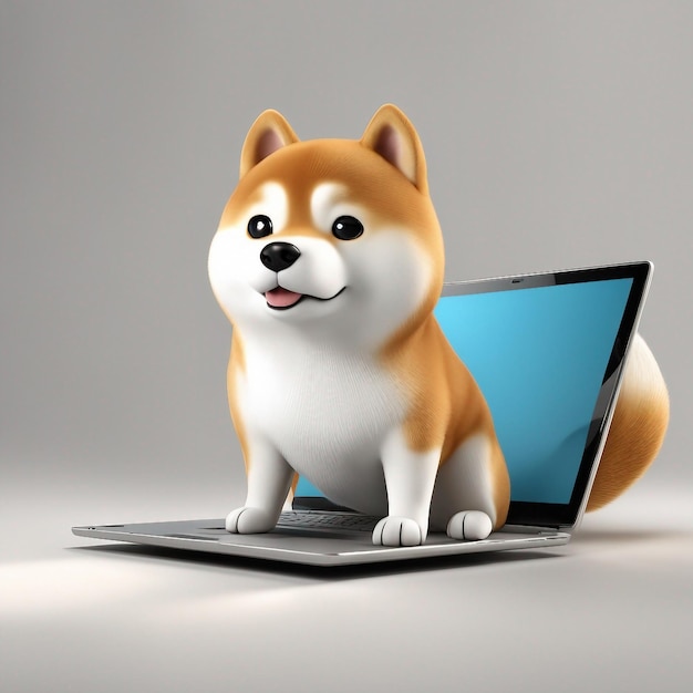 Netter hund mit laptopkarikatur-ikonenillustration