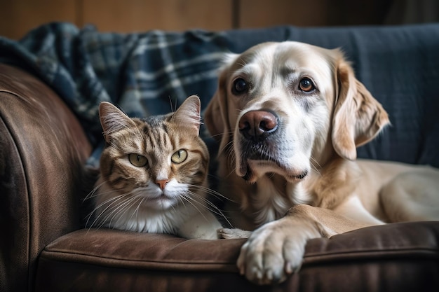 Netter Hund und Katze, die immer auf einem Sofa zu Hause kuscheln