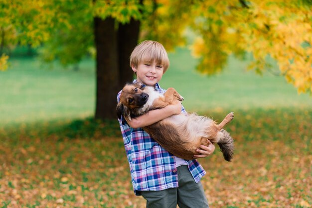 Netter Junge, der mit seinem Hund auf der Wiese spielt und geht.