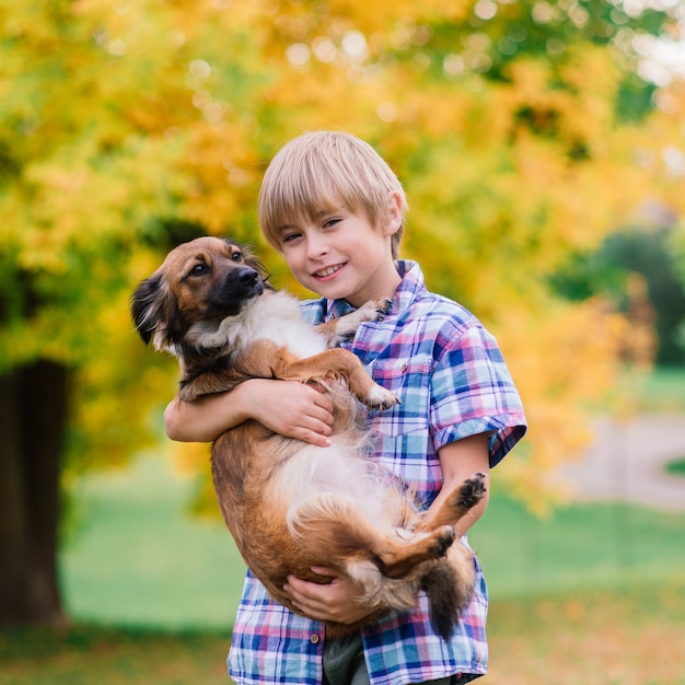 Netter Junge, der mit seinem Hund auf der Wiese spielt und geht.