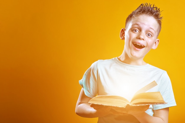 Netter Junge in einem hellen T-Shirt, das ein Buch auf gefärbt hält