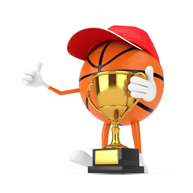 Netter Karikatur-Spielzeug-Basketball-Ball-Sport-Maskottchen-Personen-Charakter mit goldener Trophäe auf einem weißen Hintergrund. 3D-Rendering