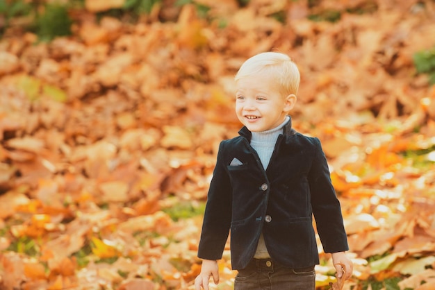 Netter kleiner Junge, der mit Blättern im Herbstpark draußen am Herbsttag spielt