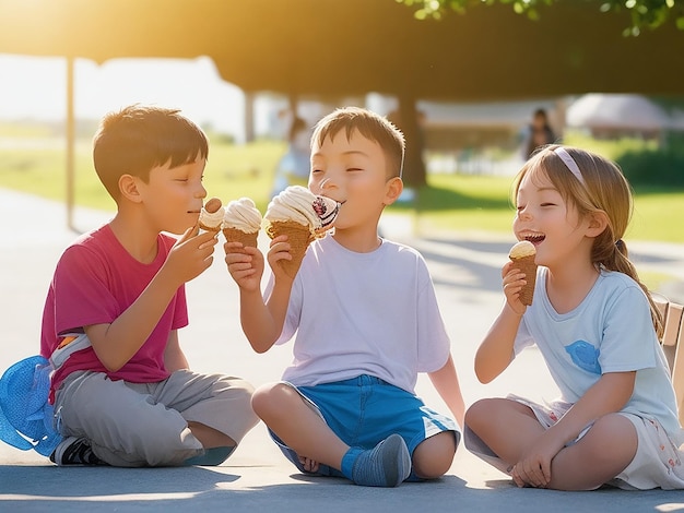 Netter kleiner Junge teilt Eis mit seiner Schwester ai image