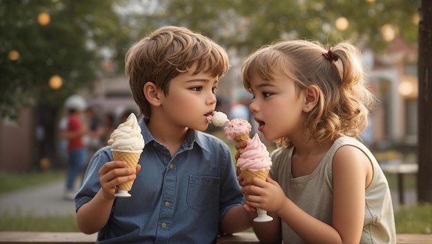 Netter kleiner Junge teilt Eis mit seiner Schwester ai image