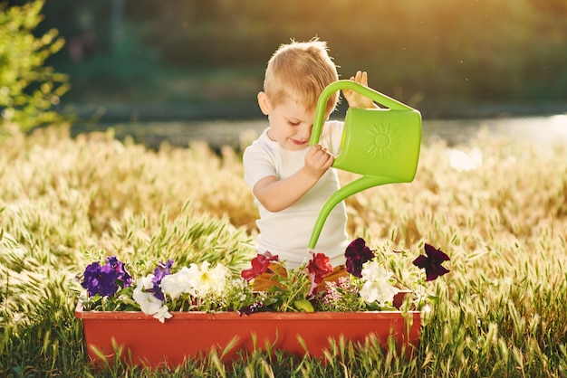 Netter kleiner Kinderjunge, der Blumensämlinge in einem Topf im Garten auf Sonnenuntergang wässert. Lustiger kleiner Gärtner. Frühlingskonzept, Natur und Pflege.