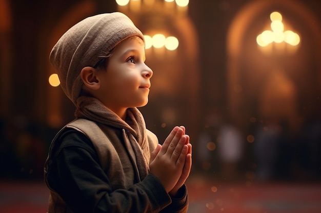 Netter kleiner muslimischer Junge, der in der Moschee betet