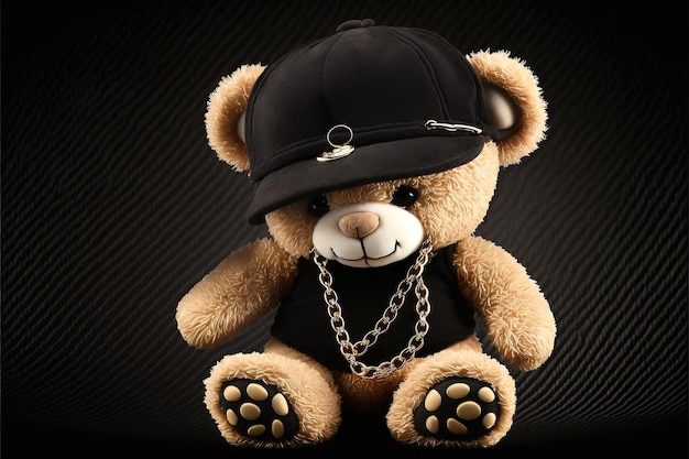 Netter lustiger Teddybär in einer Kappe und mit einer Kette auf einem schwarzen Hintergrund Generative KI