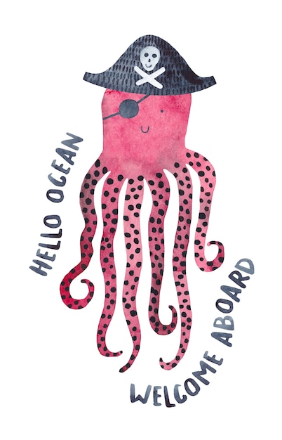 Netter Piratenkraken. Aquarellillustration druckfertig.