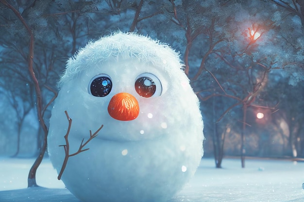 Netter Schneemann, der auf schneebedecktem Feld im Winter steht Weihnachts- und guten Rutsch ins Neue Jahr-Grußkarte