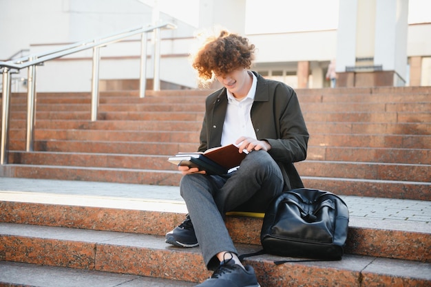 Netter Schuljunge außerhalb des Klassenzimmers