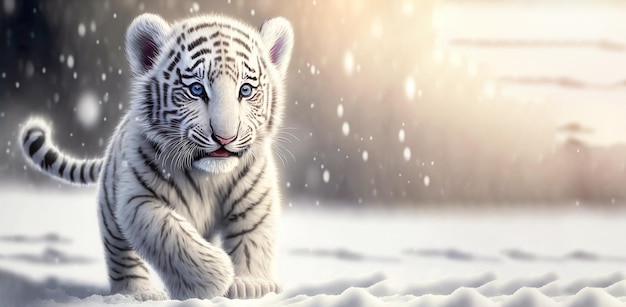 Netter weißer Tiger des Babys, der auf Schnee generatives ai läuft