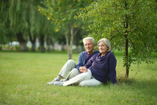 Nettes älteres Paar, das auf Gras im Park sitzt
