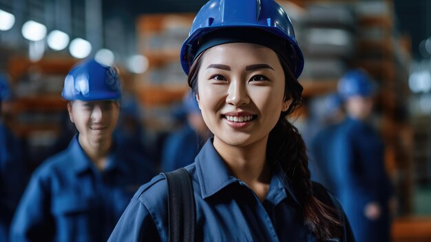 Nettes Arbeitermädchen lächelt in der Fabrik