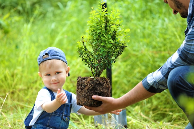 Nettes Baby, das Baum mit Eltern im Garten pflanzt