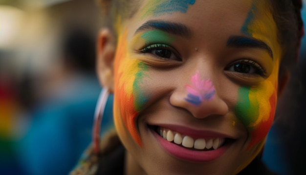 Nettes fröhliches Kind malt Freude mit Farben im Freien, die von KI generiert werden