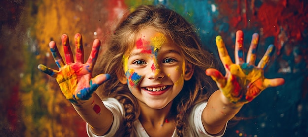 Nettes, fröhliches kleines Mädchen, das seine in leuchtenden Farben bemalten Hände zeigt