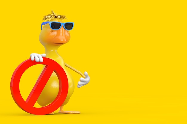 Nettes gelbes Karikatur-Enten-Person-Charakter-Maskottchen mit rotem Verbot oder verbotenem Zeichen auf einem gelben Hintergrund. 3D-Rendering
