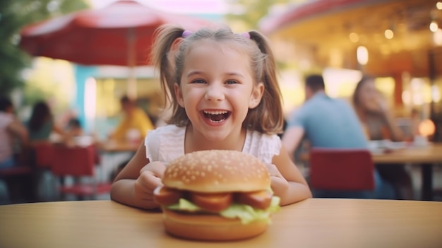 Nettes glückliches Mädchen 7 Jahre alt mit einem Burger-Unschärfe-Café-Hintergrund