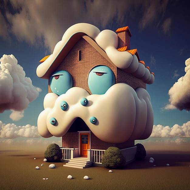 Nettes Haus mit Augen und Wolken im Himmel 3D-Rendering